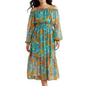 Sofia Jeans Off The Shoulder Blue Floral Blouson Sleeve Midi Dress Size Medium